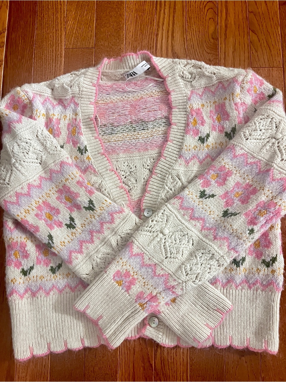 ZARA Cream, Pink & Green Floral Knit Cardigan